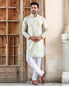 printed long kurta with mandarin collar