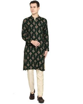 printed long kurta with mandarin collar