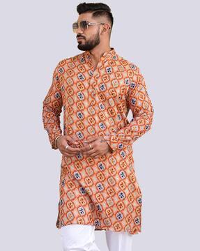 printed long kurta with mandarin collar