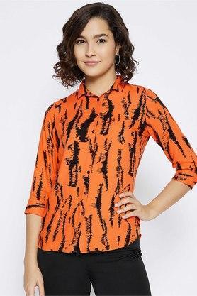 printed lyocell collared women's shirt - orange