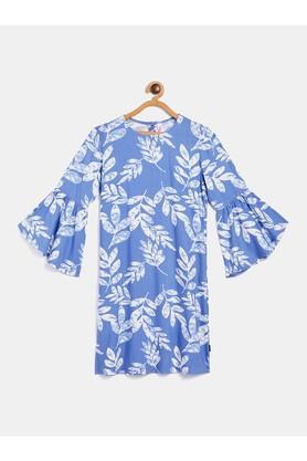 printed lyocell round neck girls casual wear dress - blue