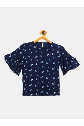 printed lyocell round neck girls top - navy