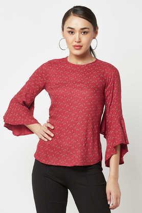 printed lyocell round neck women's top - rust