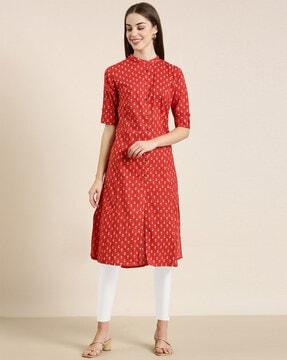 printed mandarin collar a-line kurta