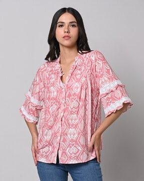 printed mandarin-collar top