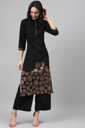 printed mandarin crepe women's ethnic set - black