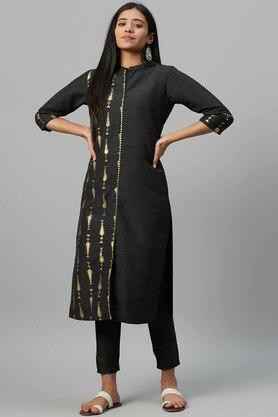 printed mandarin polyester women's ethnic set - black