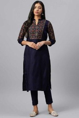 printed mandarin polyester women's ethnic set - blue