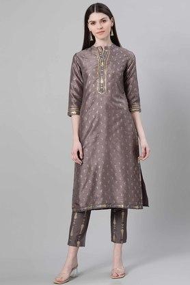 printed mandarin polyester womens ethnic set - grey