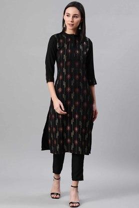 printed mandarin rayon women's ethnic set - black