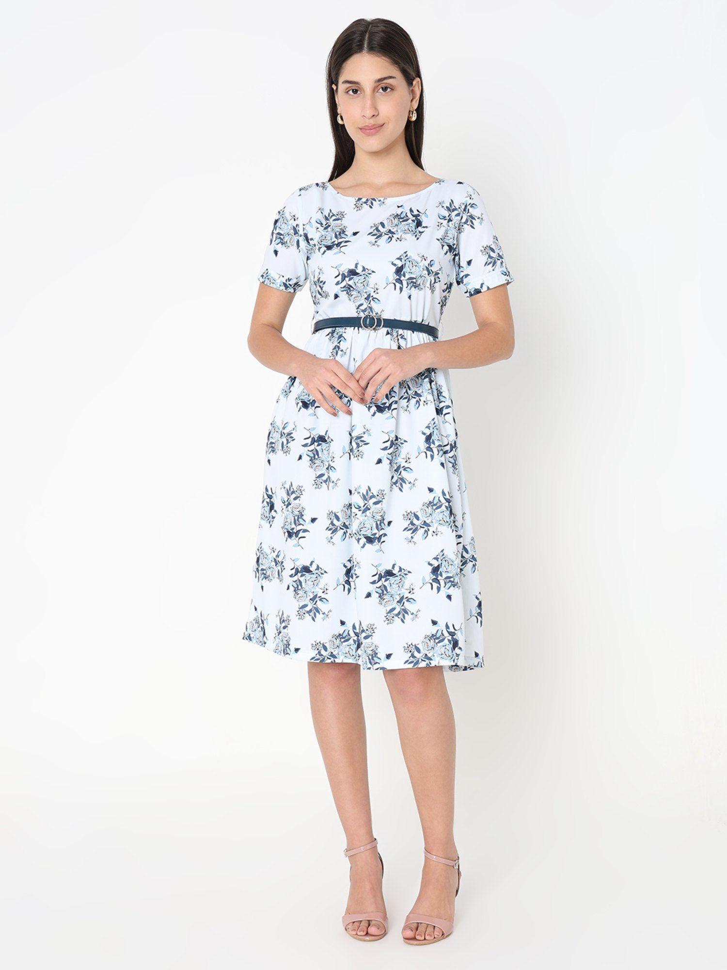 printed marine blue boat neck half sleeves dress with belt (set of 2)