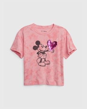 printed mickey mouse graphic top with flippy sequin heart