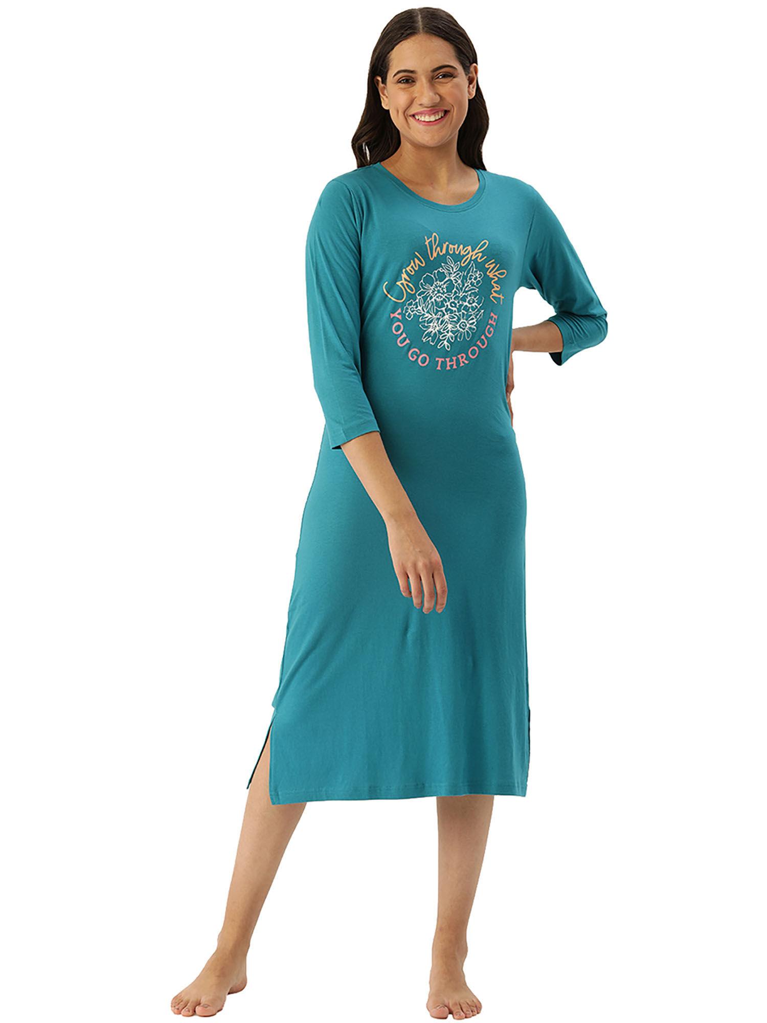 printed mid length nightdress in sea green - cotton viscose