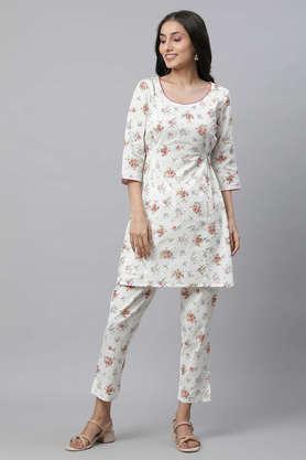 printed mid thigh cotton blend woven women's kurta pant set - pink