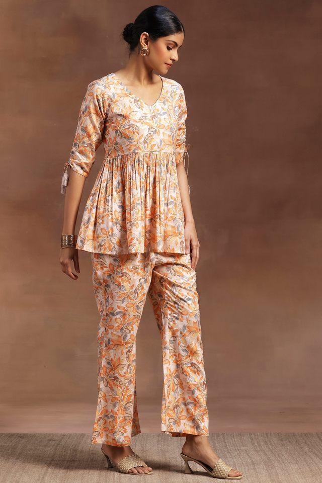 printed mid thigh cotton blend woven womens co-ord set