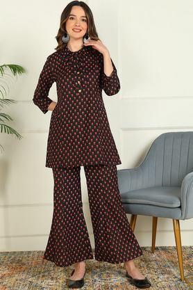 printed mid thigh cotton woven women's kurta set - black