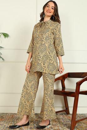 printed mid thigh cotton woven women's kurta set - natural
