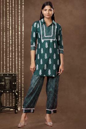 printed mid thigh rayon woven women's kurta set - green