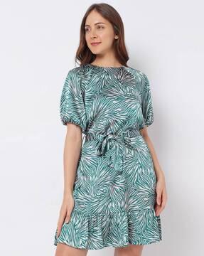 printed mini flounce dress with belt