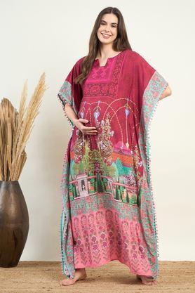 printed modal boat neck women's kaftan - pink