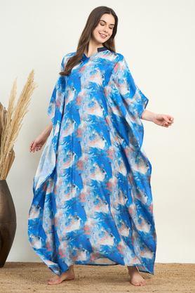 printed modal collared women's kaftan - blue