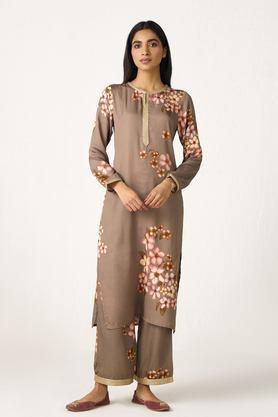 printed modal round neck women's kurta - grey