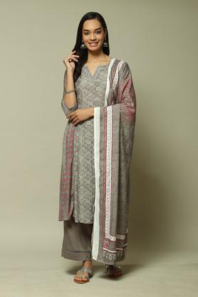 printed modal round neck women's salwar kurta dupatta set - grey