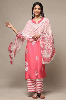 printed modal round neck women's salwar kurta dupatta set - pink