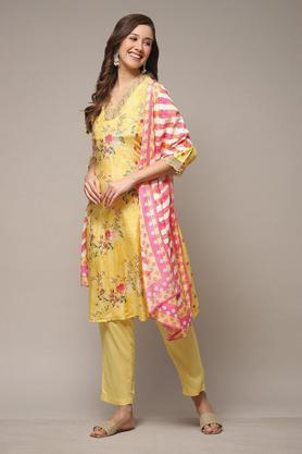 printed modal round neck women's salwar kurta dupatta set - yellow