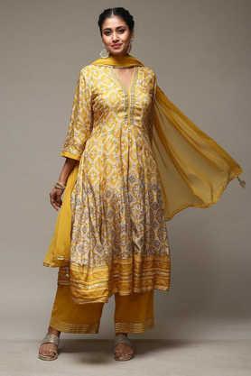 printed modal round neck women's salwar kurta dupatta set - yellow