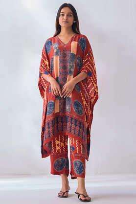 printed modal v-neck women's active wear kurta - rust