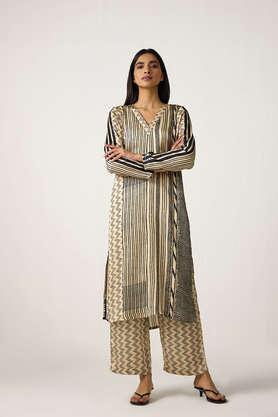 printed modal v-neck women's formal wear kurta - natural