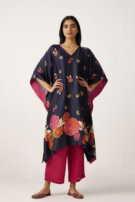 printed modal v-neck women's kurta - navy