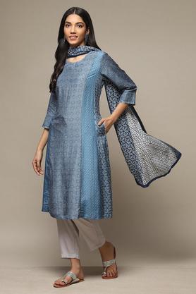 printed modal v neck women's salwar kurta dupatta set - blue