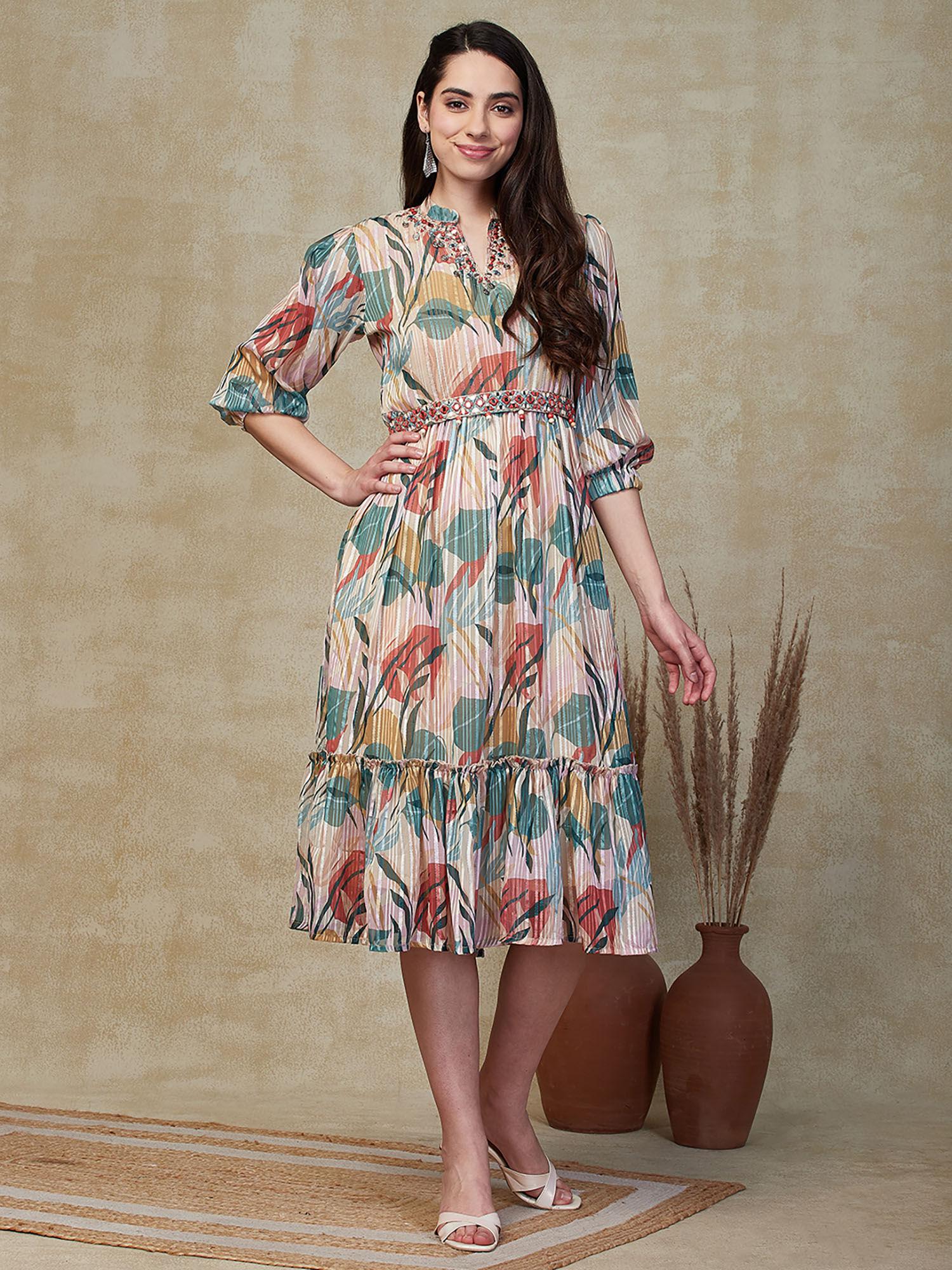 printed multi-color embroidered midi dress with belt (set of 2)