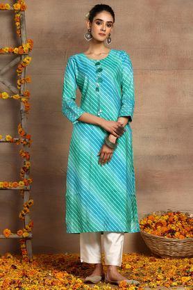 printed muslin round neck women's casual wear kurta - blue