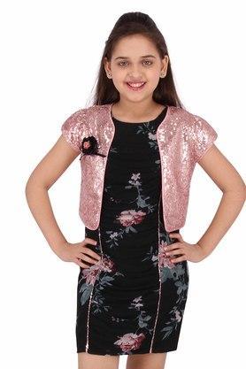 printed net & satin round neck girls casual wear dress - black