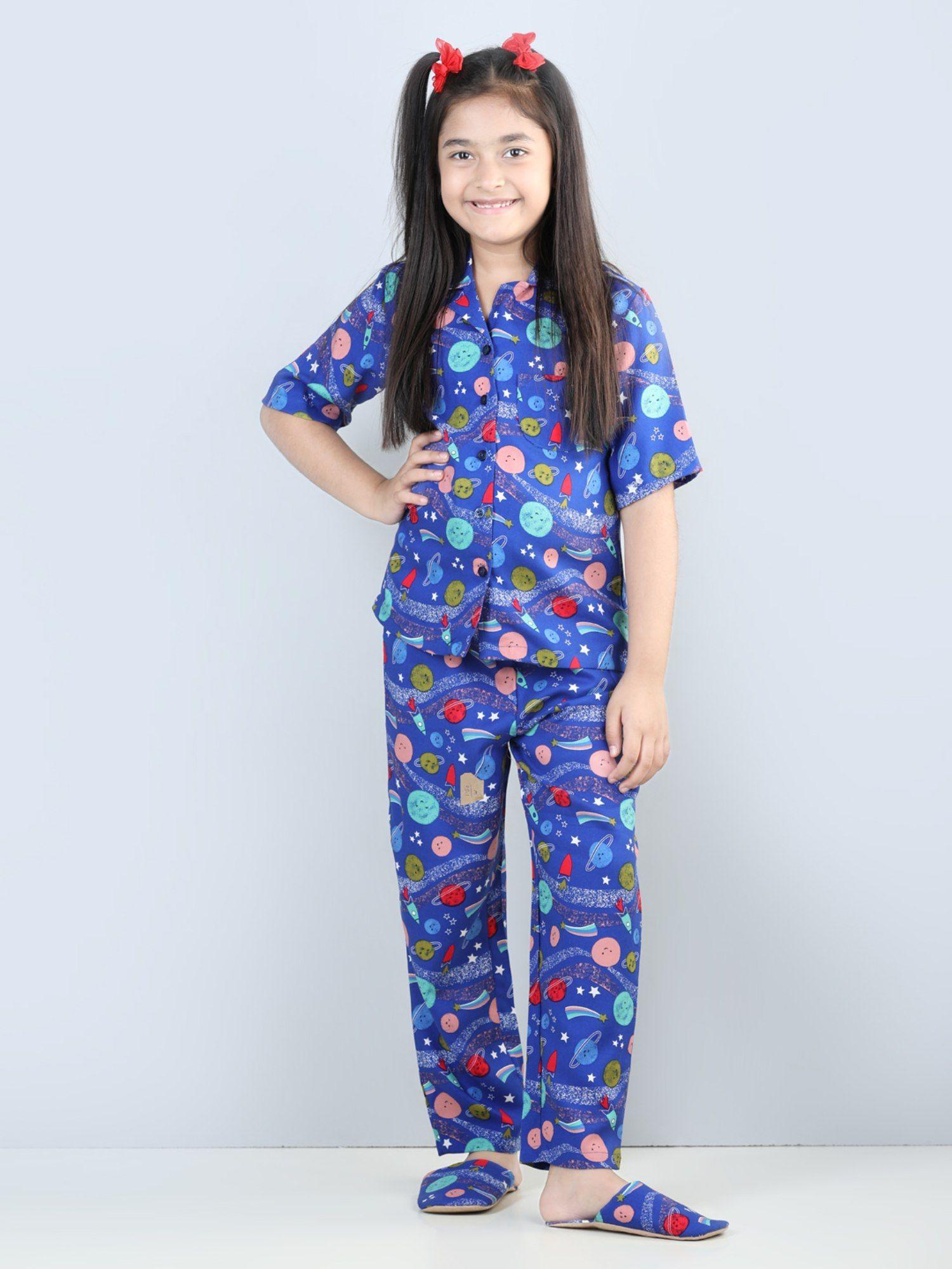 printed night suit with slip ons blue (set of 3)