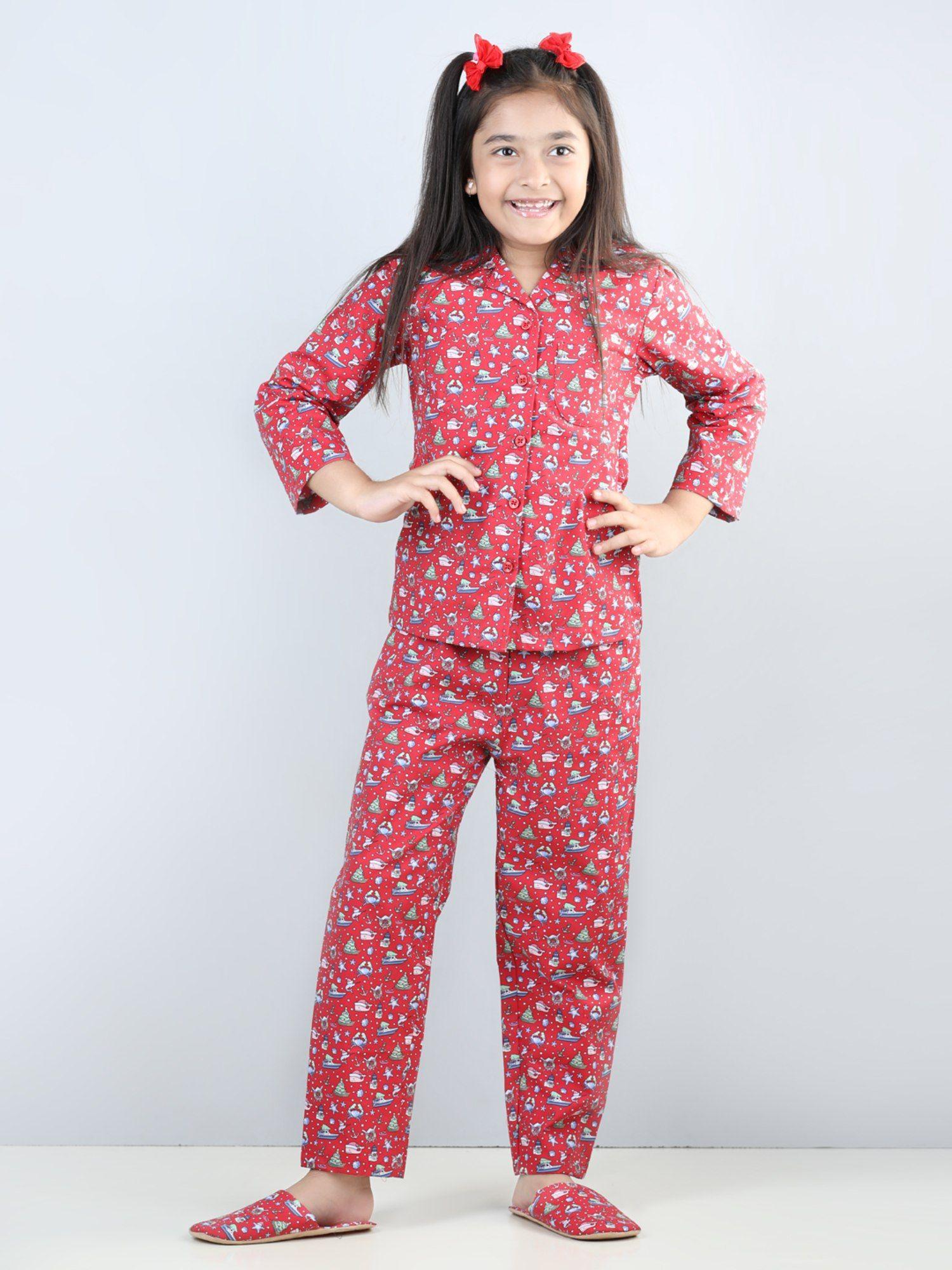 printed night suit with slip ons red (set of 3)