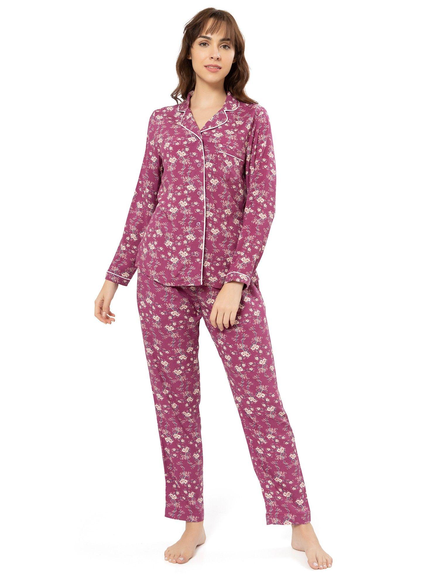 printed non padded non-wired full sleeve with full length pant - purple