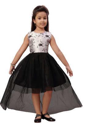 printed nylon round neck girls party wear dress - black