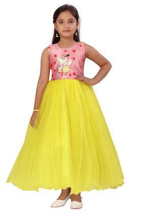 printed nylon round neck girls party wear gown - multi