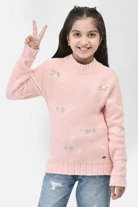printed nylon round neck girls sweater - pink