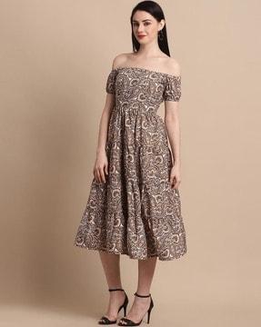 printed off-shoulder a-line dress