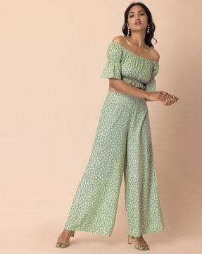 printed off-shoulder crop top with palazzos