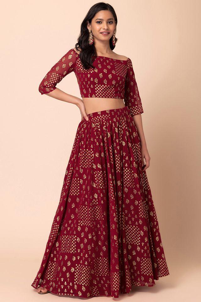 printed off shoulder georgette womens lehenga choli set