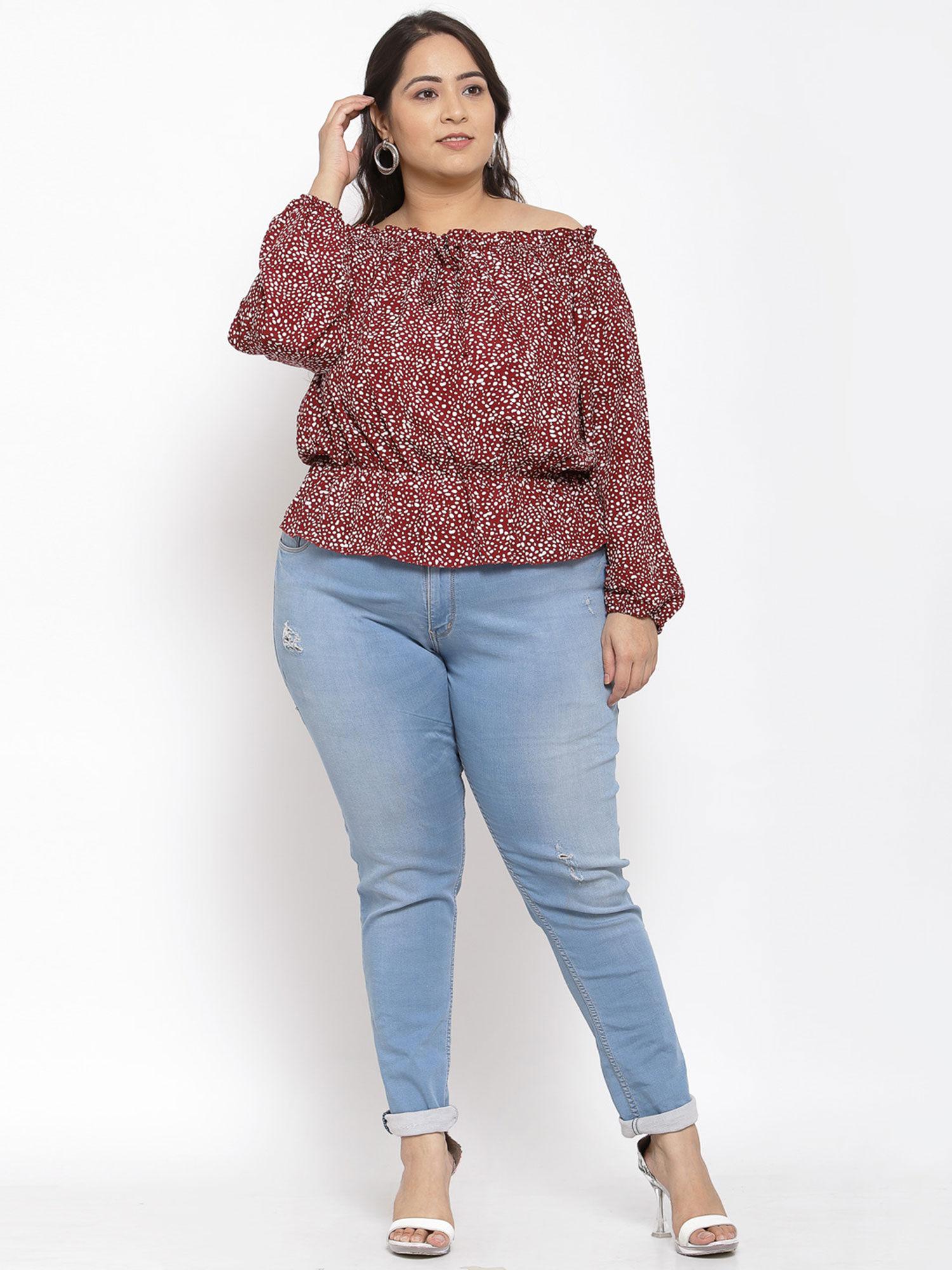 printed off shoulder plus size blouse