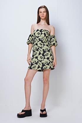 printed off shoulder poly jacquard women's mini dress - black