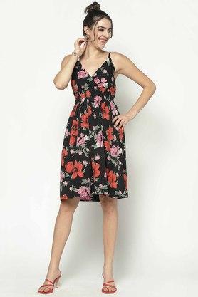 printed off shoulder polyester women's fit and flare dress - black