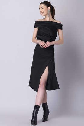 printed off shoulder polyester women's knee length dress - black